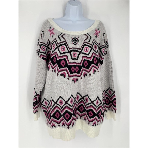 Torrid 1 dropped sleeve nordic print knitted soft Sweater sz 1X Tunic Pink Black - Picture 1 of 7